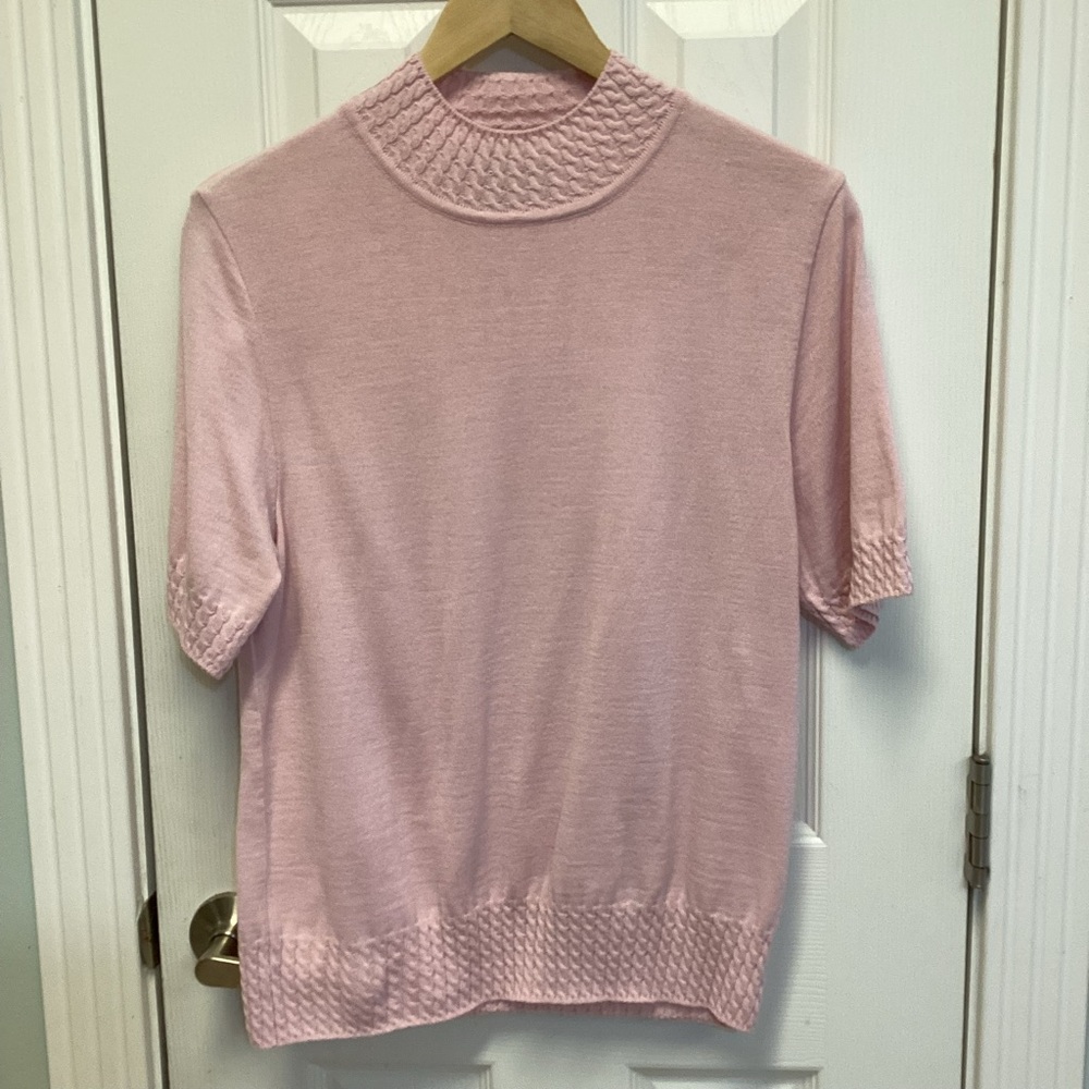 Aran Crafts Pink Sweater SZ L Mock Neck Short Sleeve Merino Wool Blend Ireland